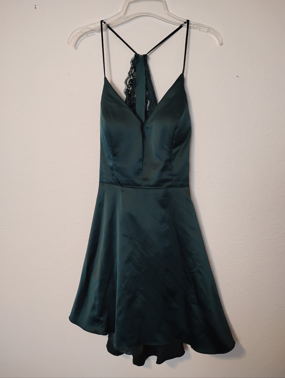 B. Darlin Prom Lace Open Back Satin Spaghetti Strap Flared Dress